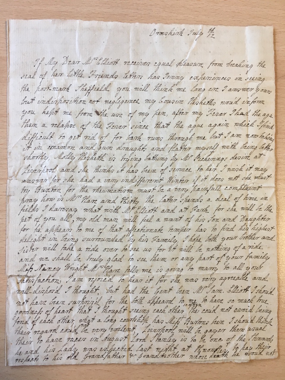 Image #1 of letter: J[enny] Brownsword to Mrs Catherine Elliott 12 July [1773]
