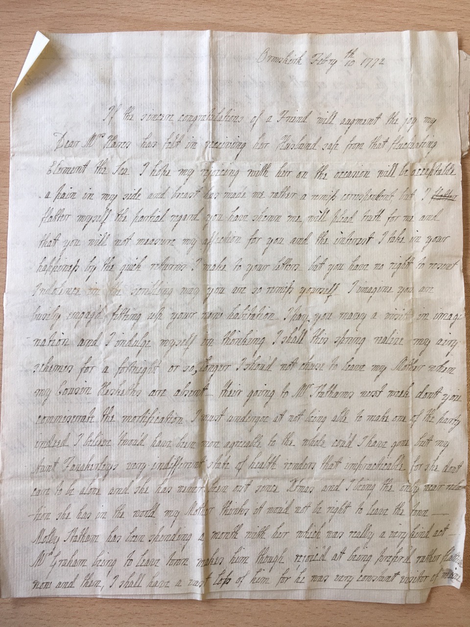 Image #1 of letter: J[enny] Brownsword to Ann Hare, 10 February 1772