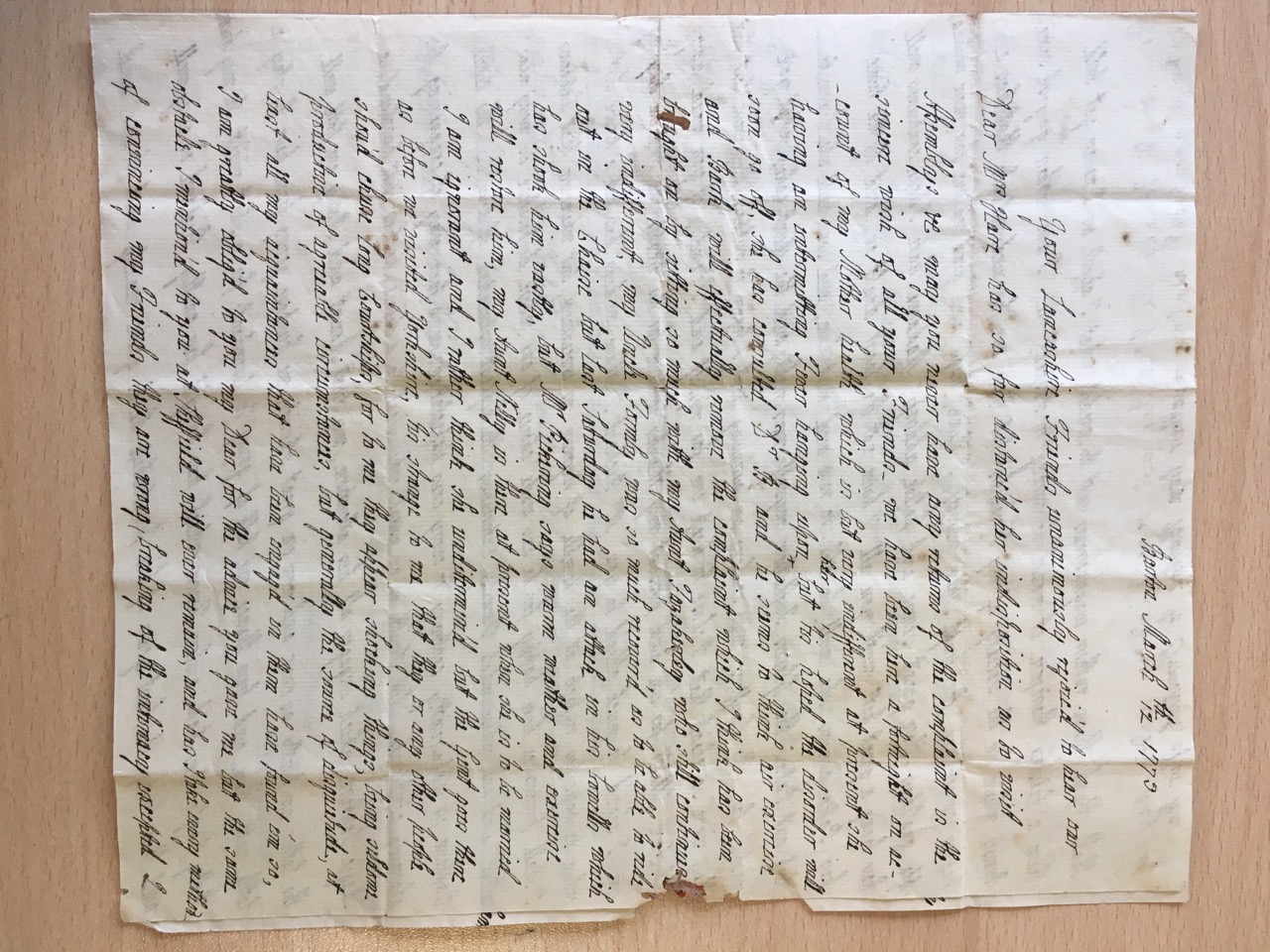 Image #1 of letter: J[enny] Brownsword to Ann Hare, 12 March 1773