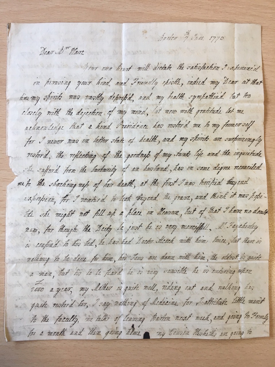 Image #1 of letter: J[enny[ Brownsword to Ann Hare, 7 June 1773