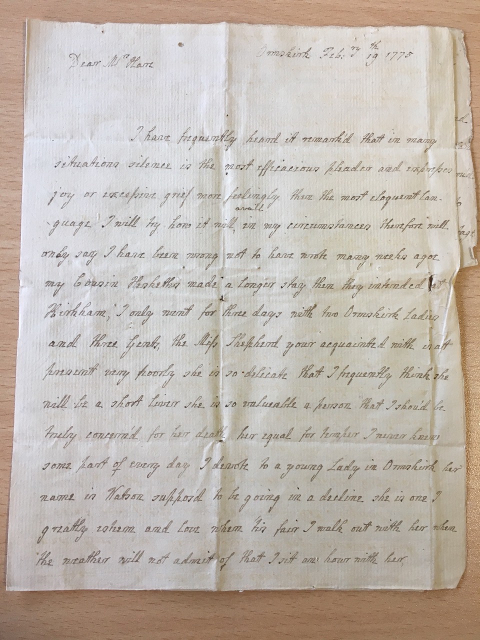 Image #1 of letter: J[enny] Brownsword to Ann Hare, 19 February 1775