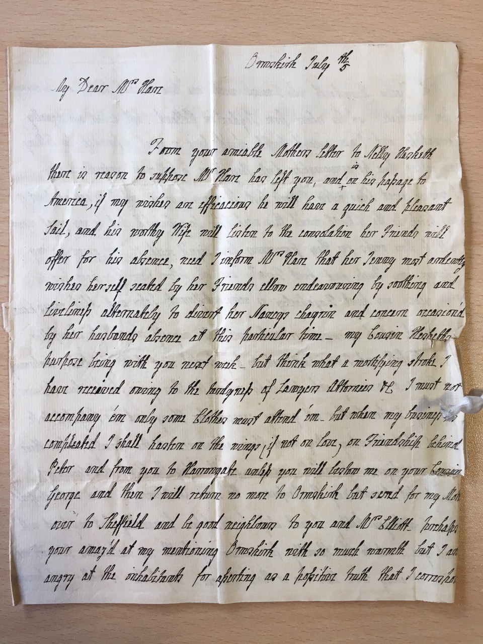Image #1 of letter: J[enny] Brownsword to Ann Hare, 5 July [c1775]