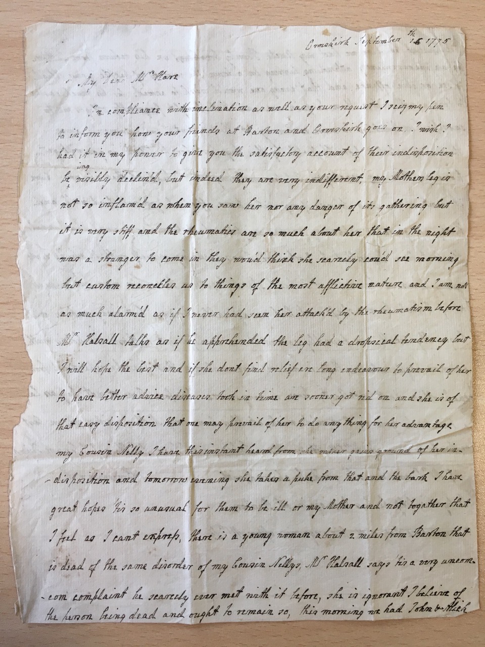 Image #1 of letter: J[enny] Brownsword to Anne Hare, 15 September 1775
