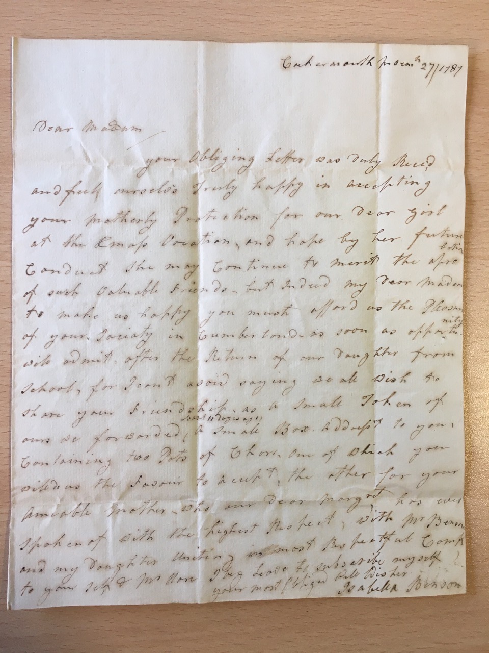 Image #1 of letter: Isabella Benson to Ann Hare, 27 [?] 1787