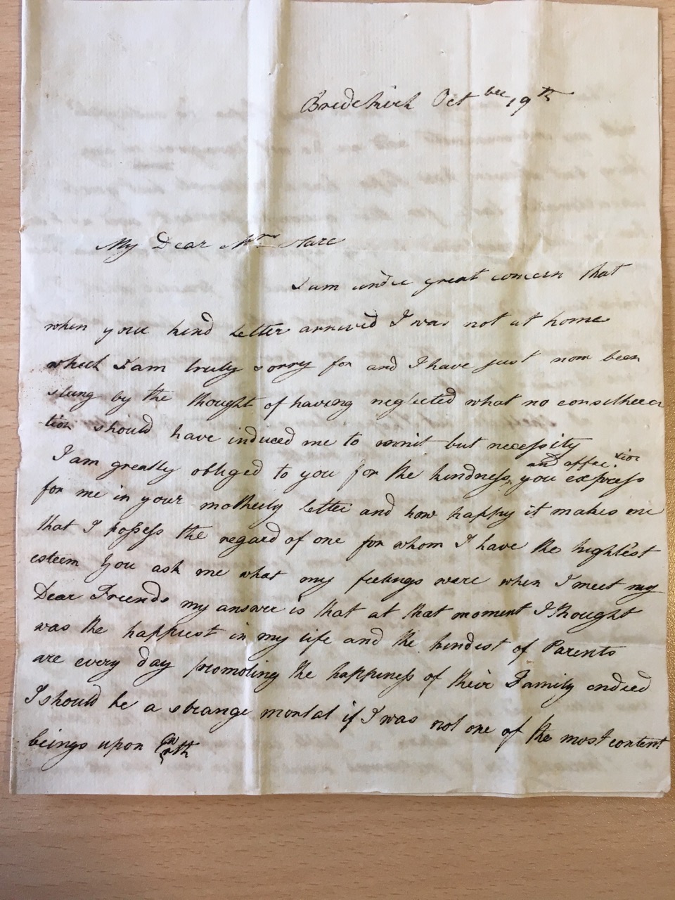 Image #1 of letter: Margaret Benson to Ann Hare, 19 October [1790?]