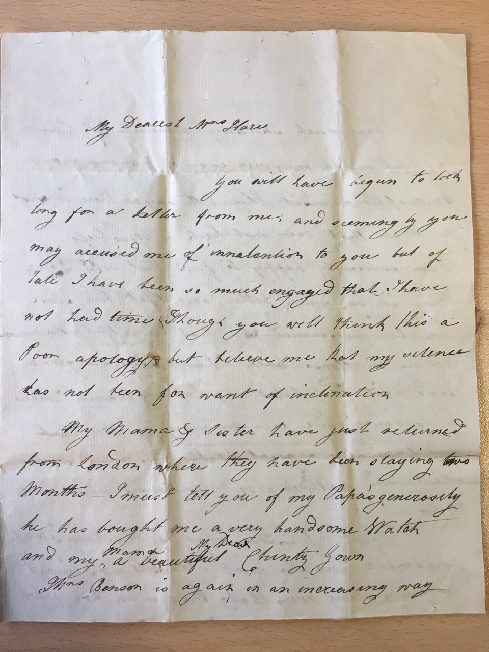 Image #1 of letter: Margaret Benson to Ann Hare [c1790]
