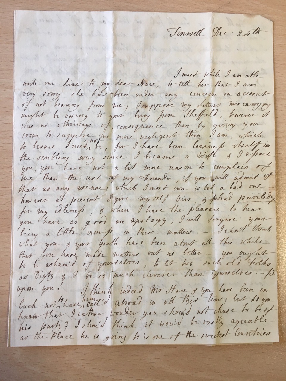 Image #1 of letter: I Collier to Ann Hare, 24 December [?1769]