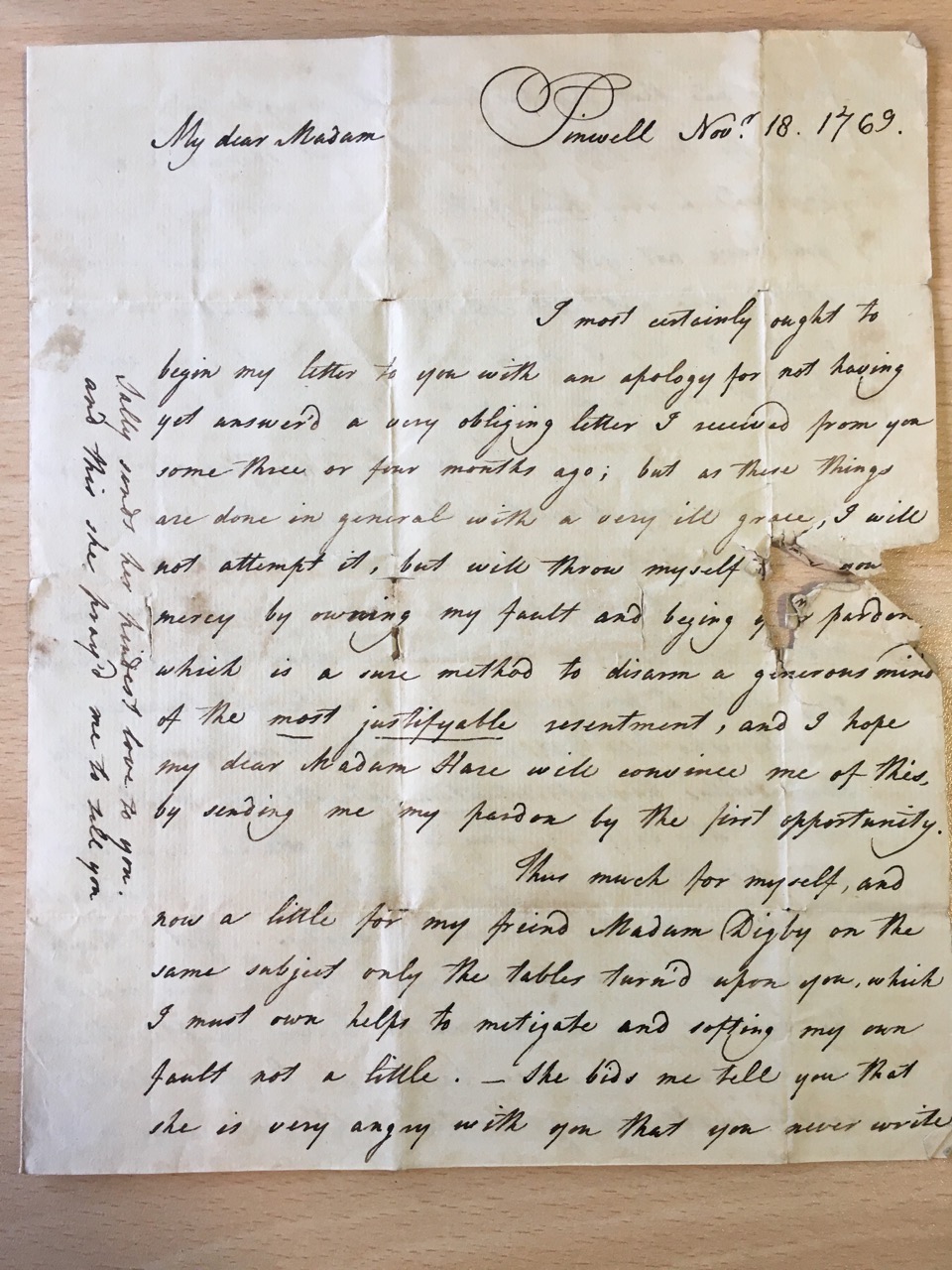 Image #1 of letter: I Collier to Ann Hare, 18 November 1769
