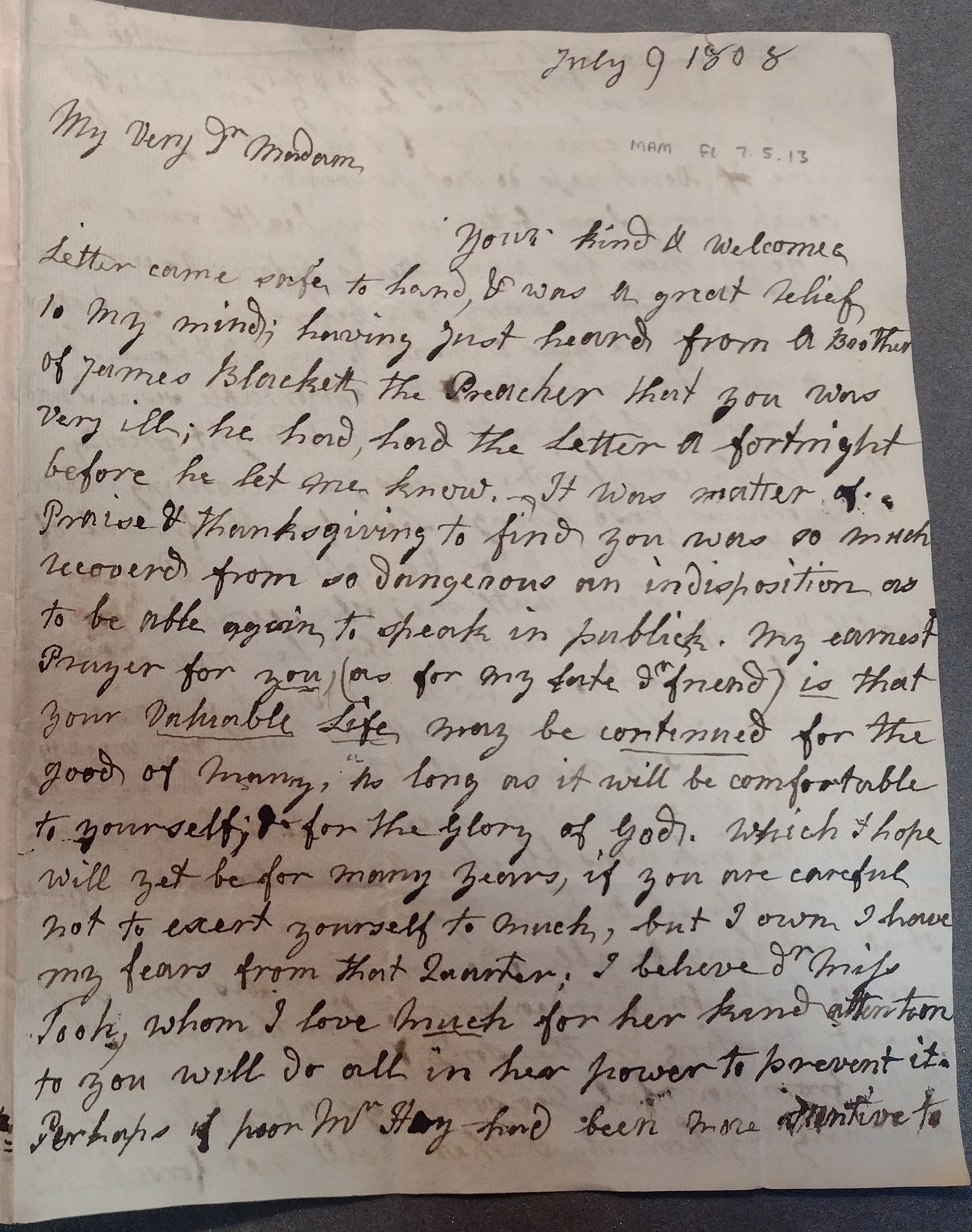 Image #1 of letter: Ann Tripp to Mrs Fletcher, 9 July 1808