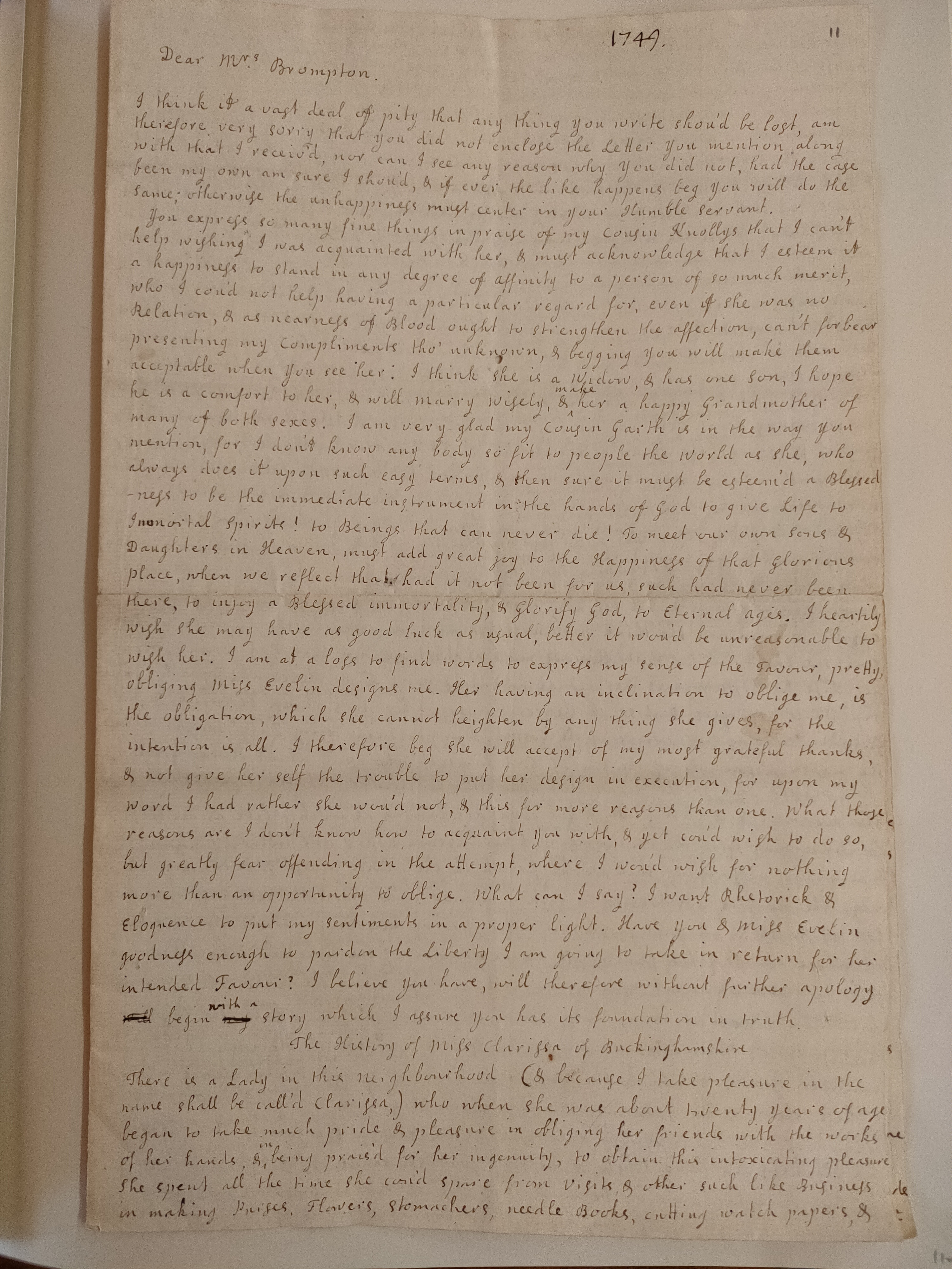 Image #1 of letter: Jane Johnson to Mrs Brompton, 17 October 1749