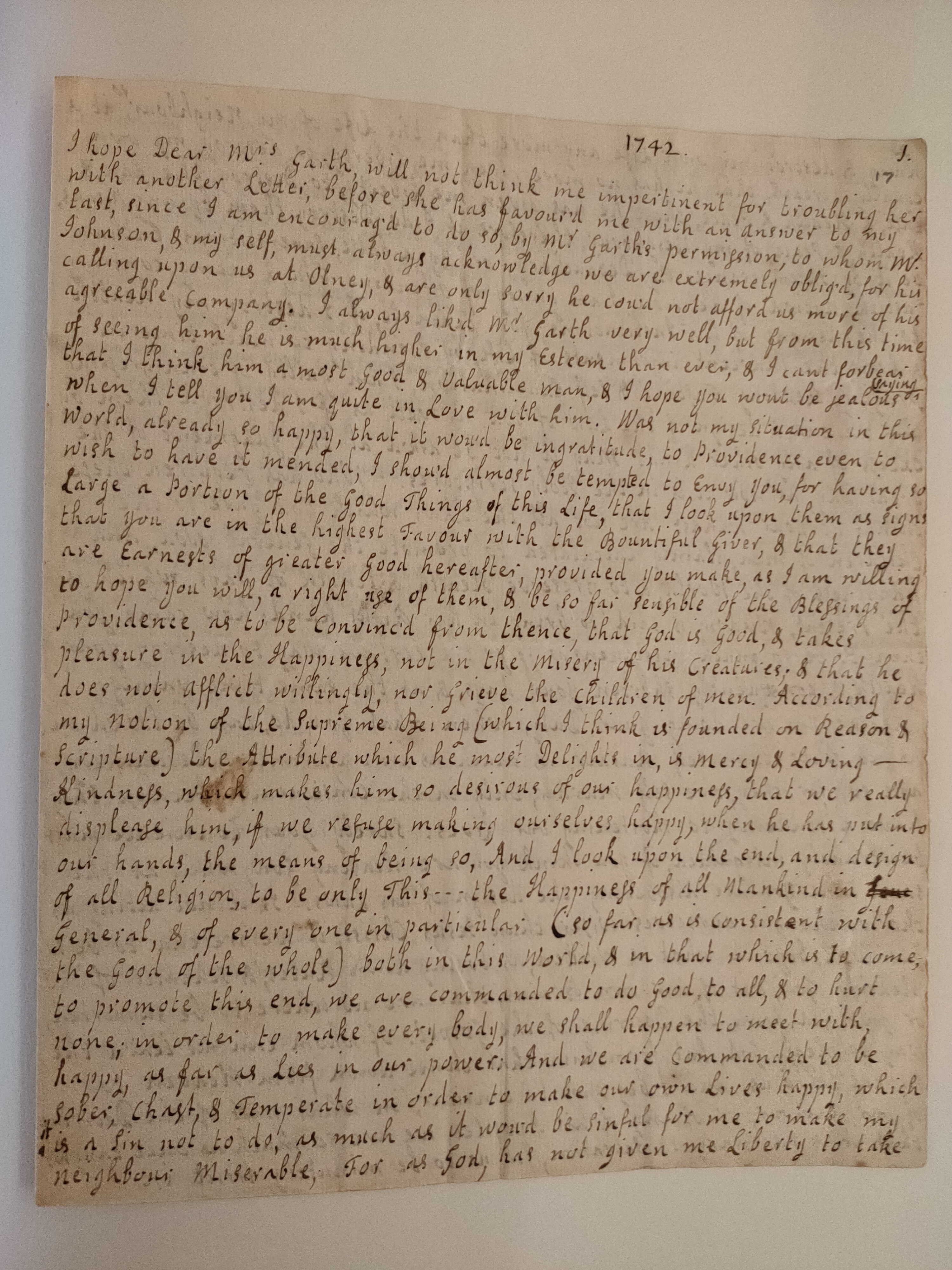 Image #1 of letter: Jane Johnson to Mrs Garth, 3 June 1742