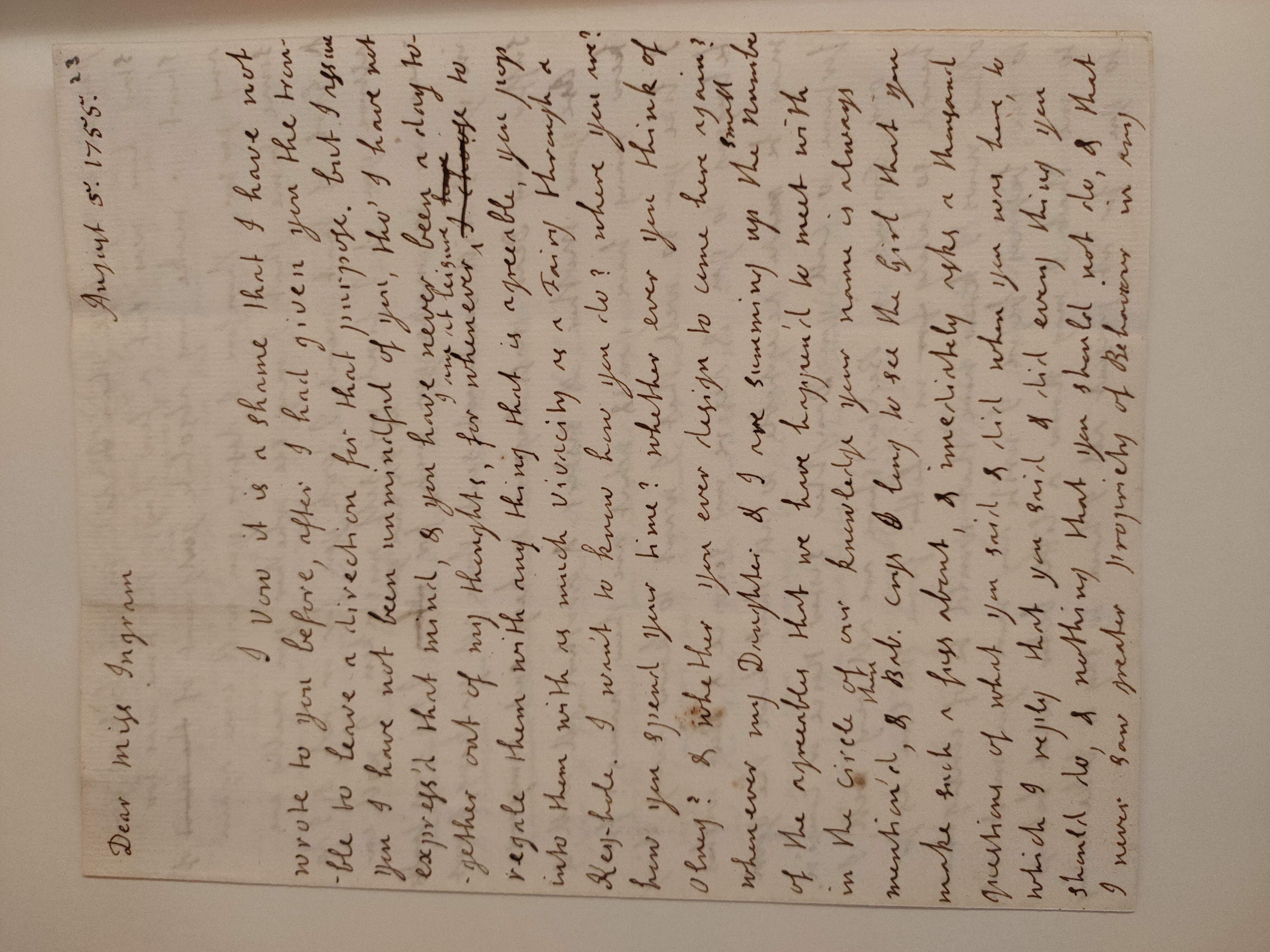 Image #1 of letter: Jane Johnson to Miss Henrietta Ingram, 5 August 1755