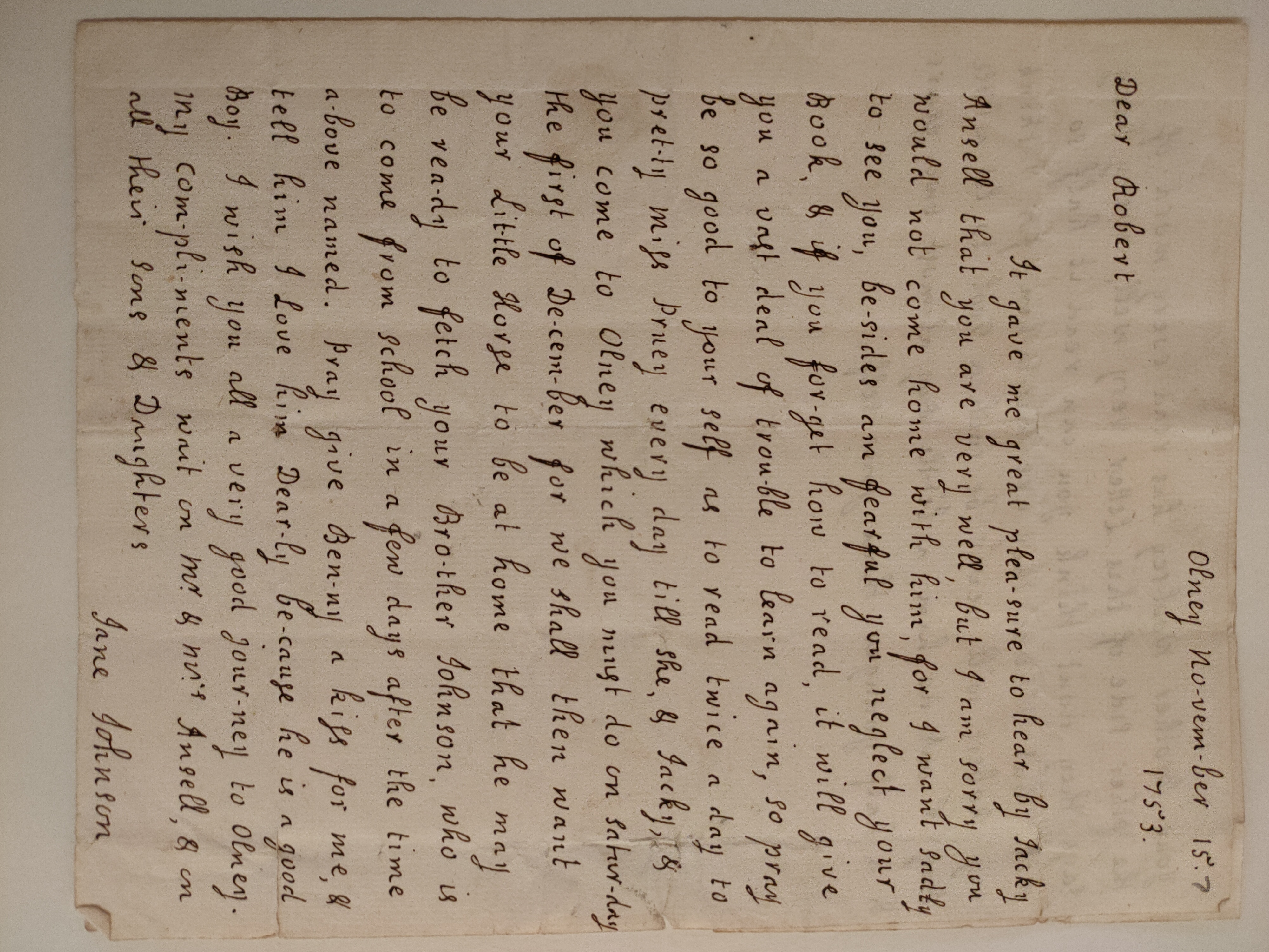 Image #1 of letter: Jane Johnson to Robert Johnson, 15 November 1753