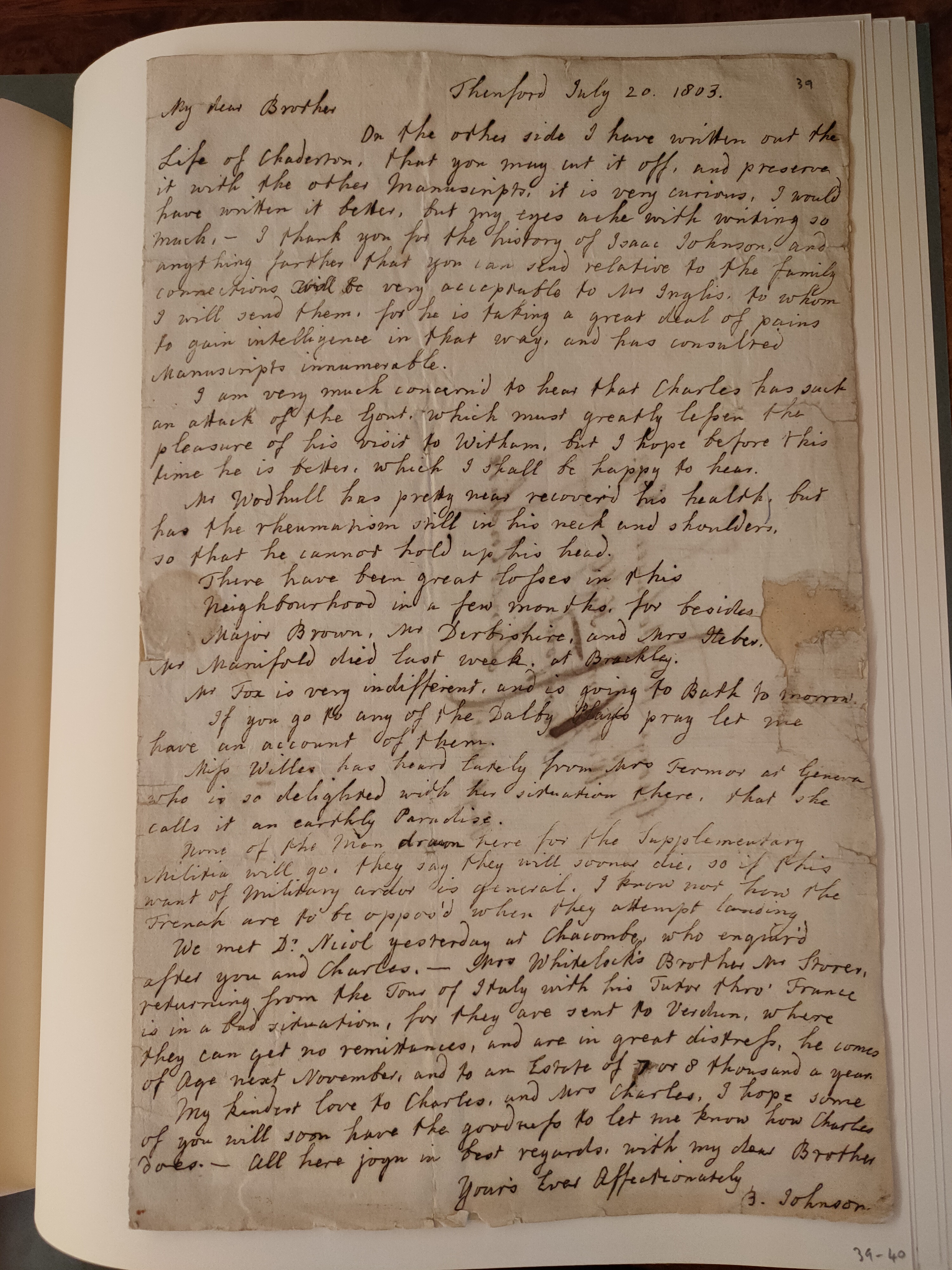 Image #1 of letter: Barbara Johnson to George William Johnson, 20 July 1803