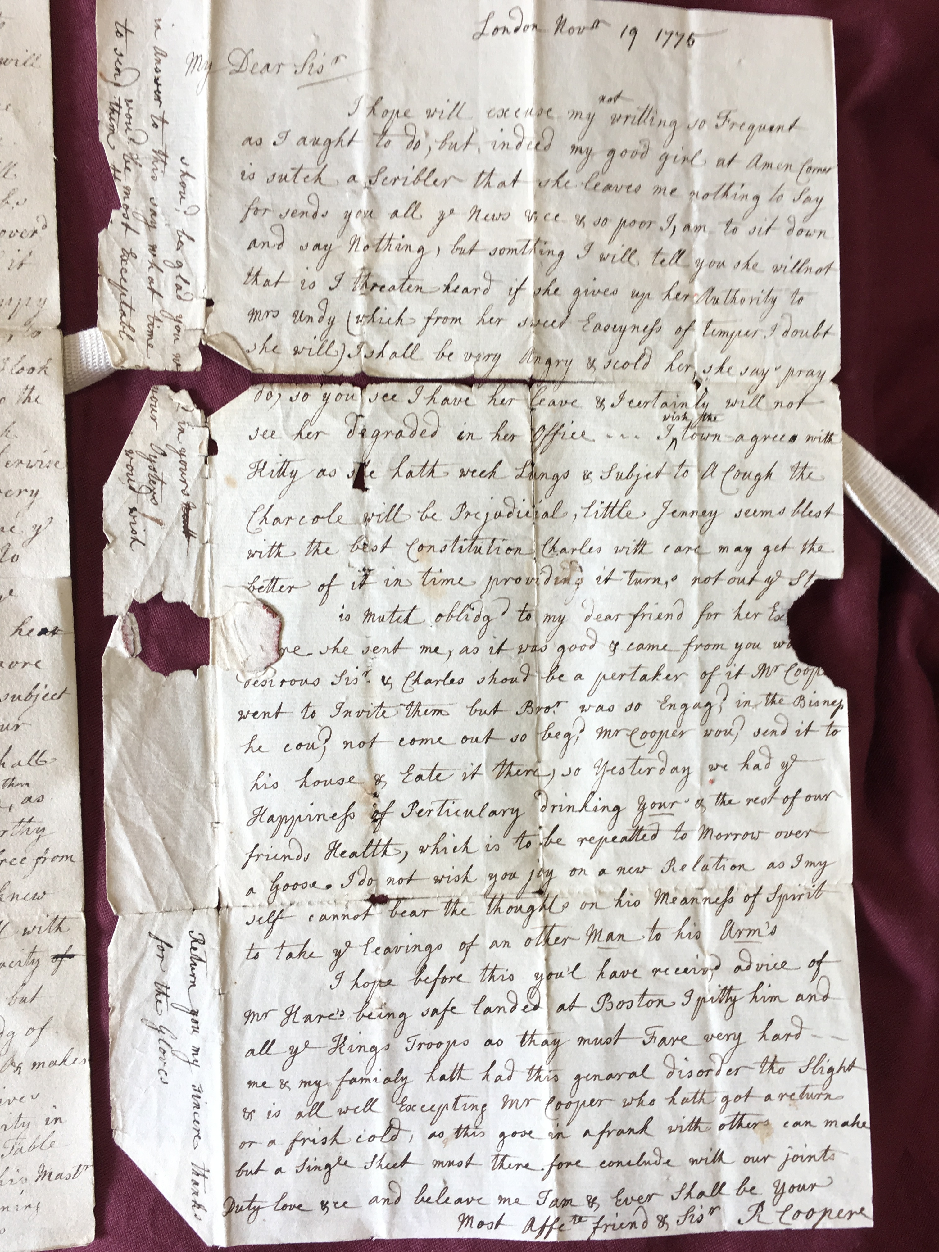 Image #1 of letter: Rebecca Cooper to Catherine Elliott, 19 November 1776