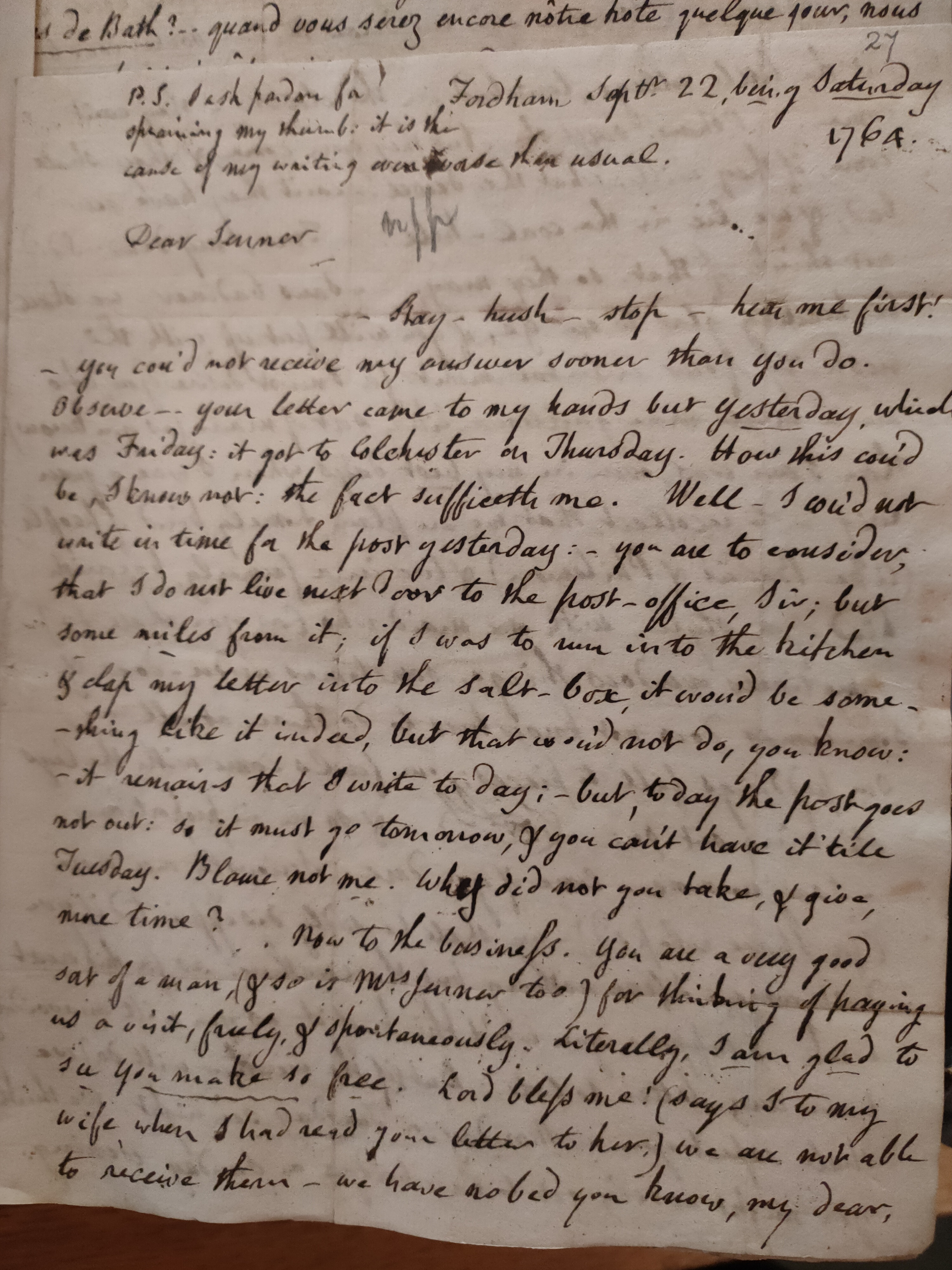 Image #1 of letter: Thomas Twining to Revd Mr Charles Jenner, 22 September 1764