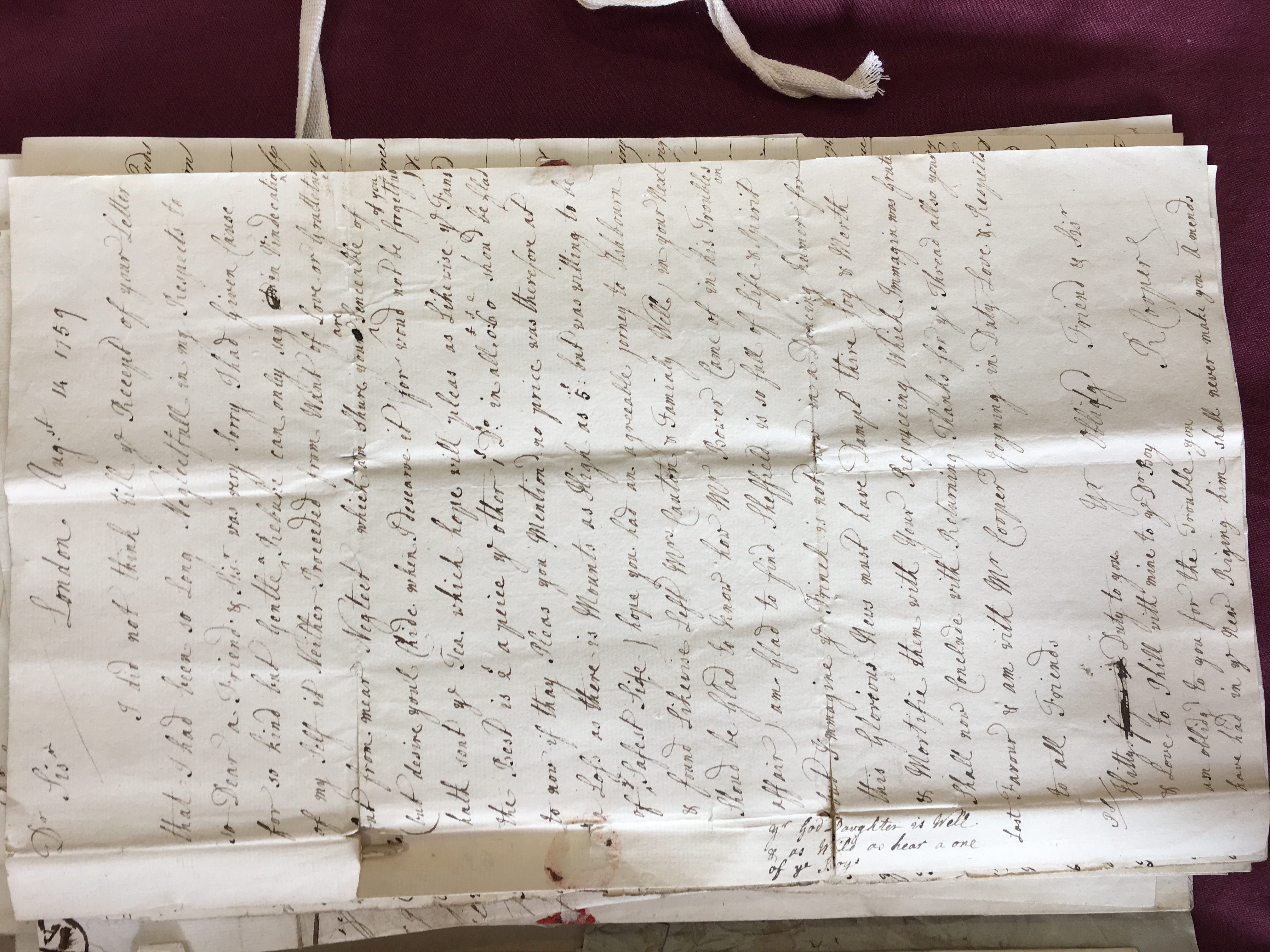 Image #1 of letter: Rebecca Cooper to Catherine Elliott, 14 August 1759