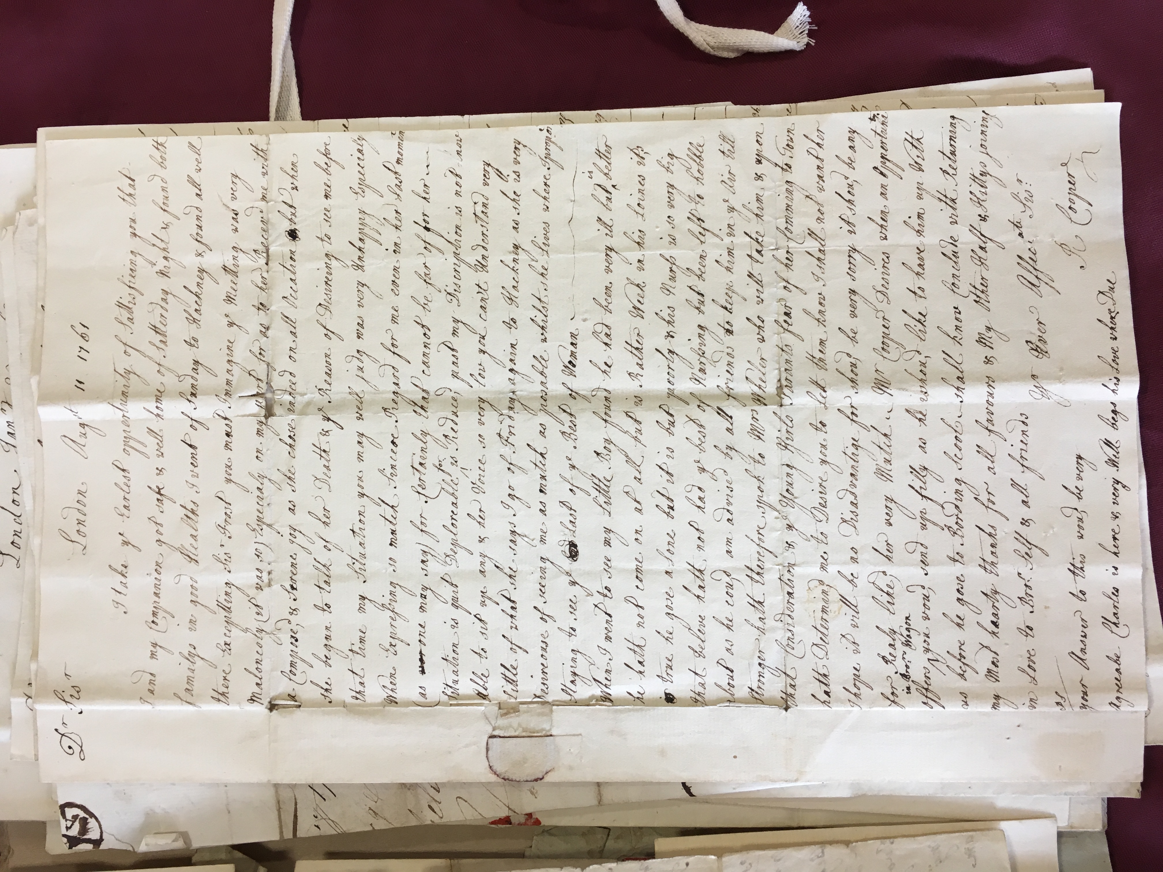 Image #1 of letter: Rebecca Cooper to Catherine Elliott, 11 August 1761