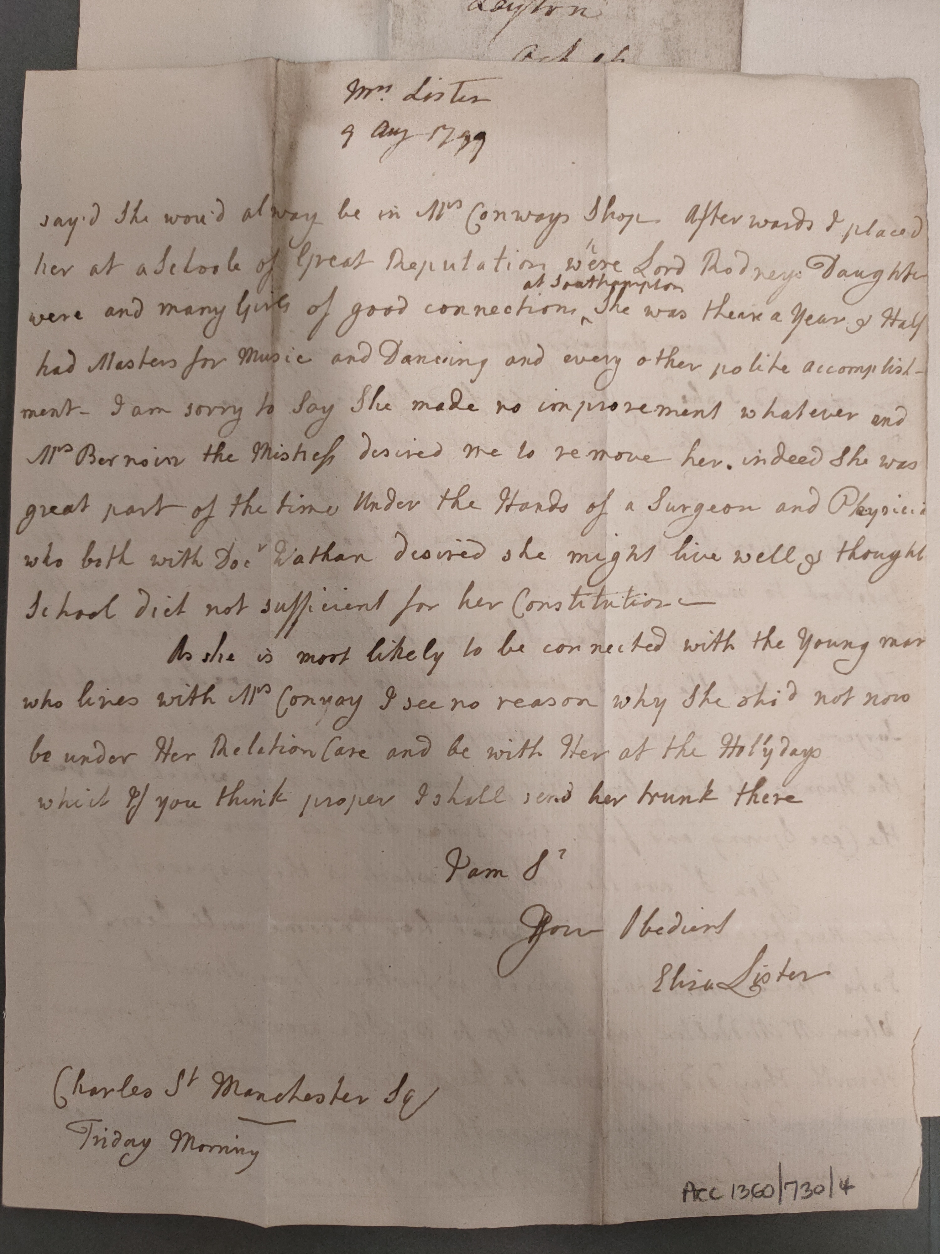 Image #2 of letter: Elizabeth Lister to [?Executors of Dr John Taylour’s will] 9 August 1799