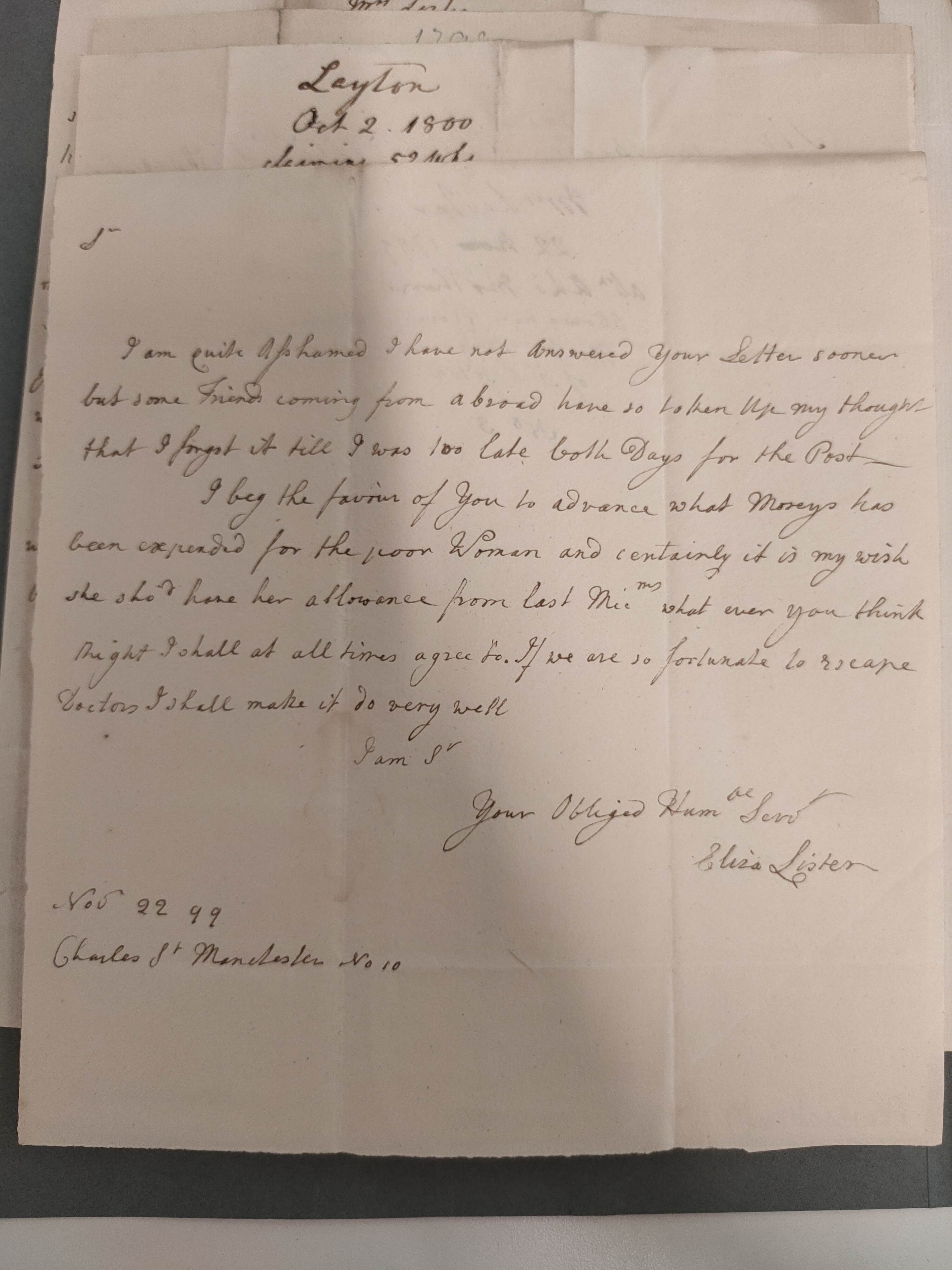 Image #1 of letter: Elizabeth Lister to [?Executors of Dr John Taylour’s will] 22 November 1799