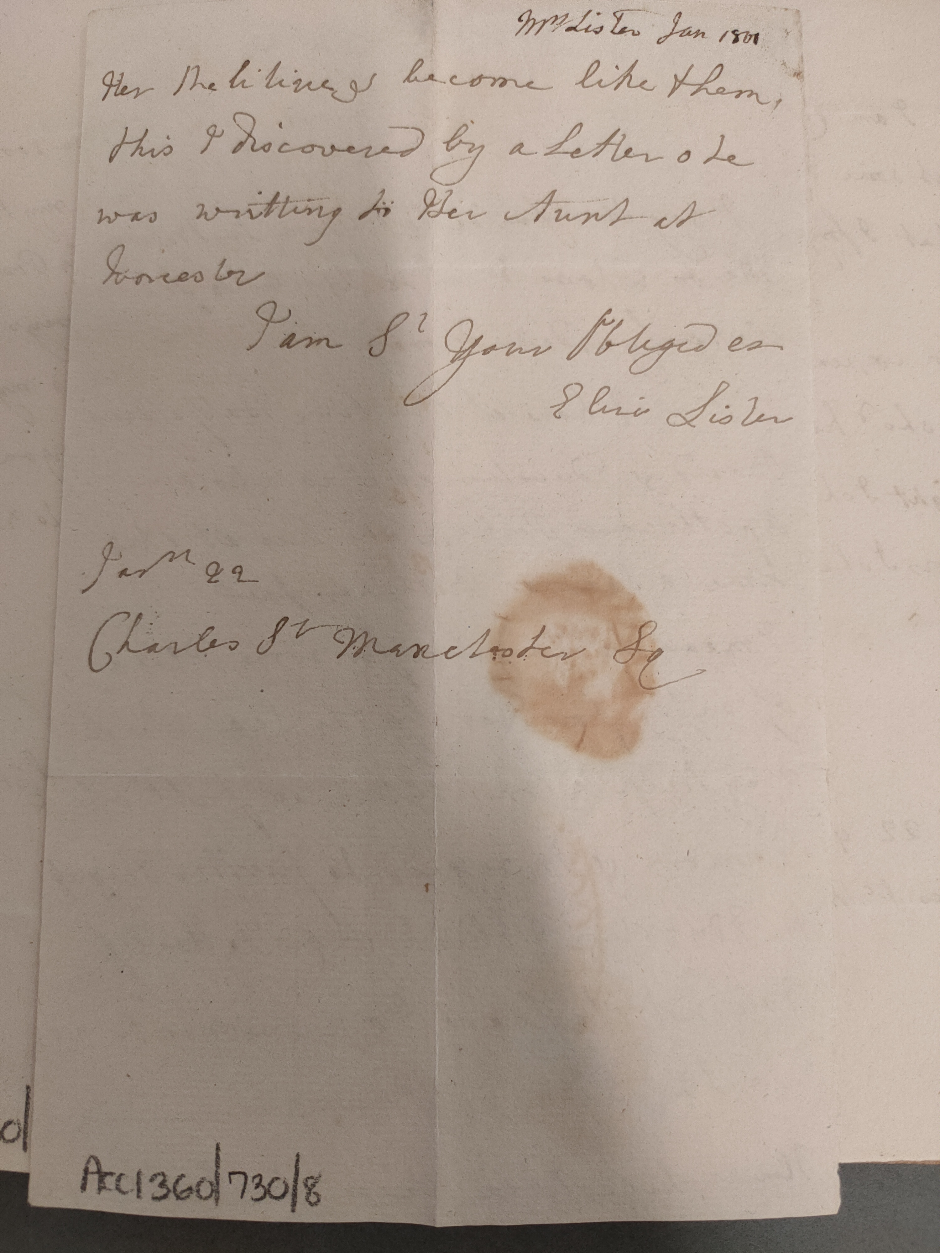 Image #2 of letter: Elizabeth Lister to [?Executors of Dr John Taylour’s will], 22 January 1801