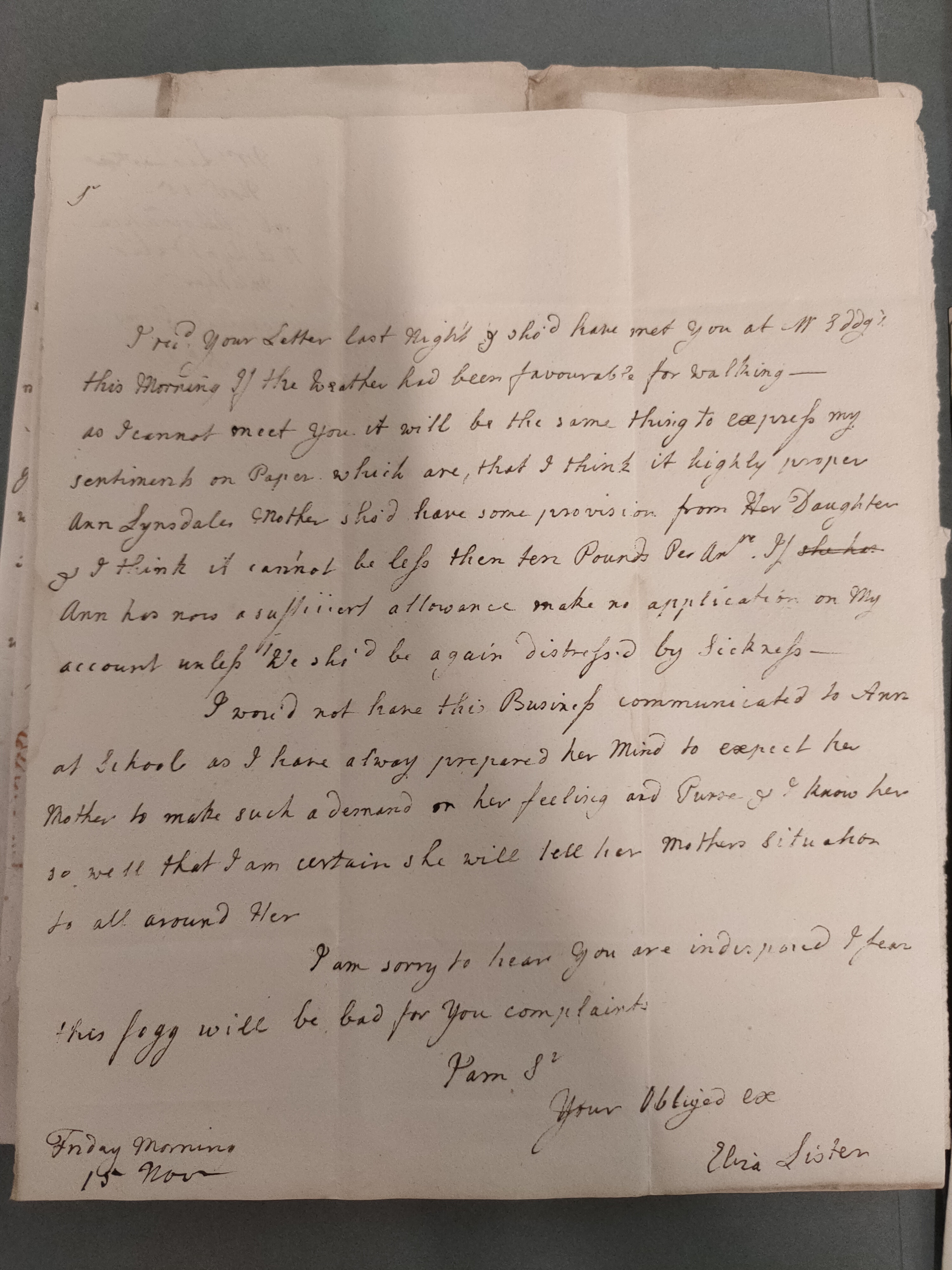 Image #1 of letter: Elizabeth Lister to [?Executors of Dr John Taylour’s will], 15 November 1800