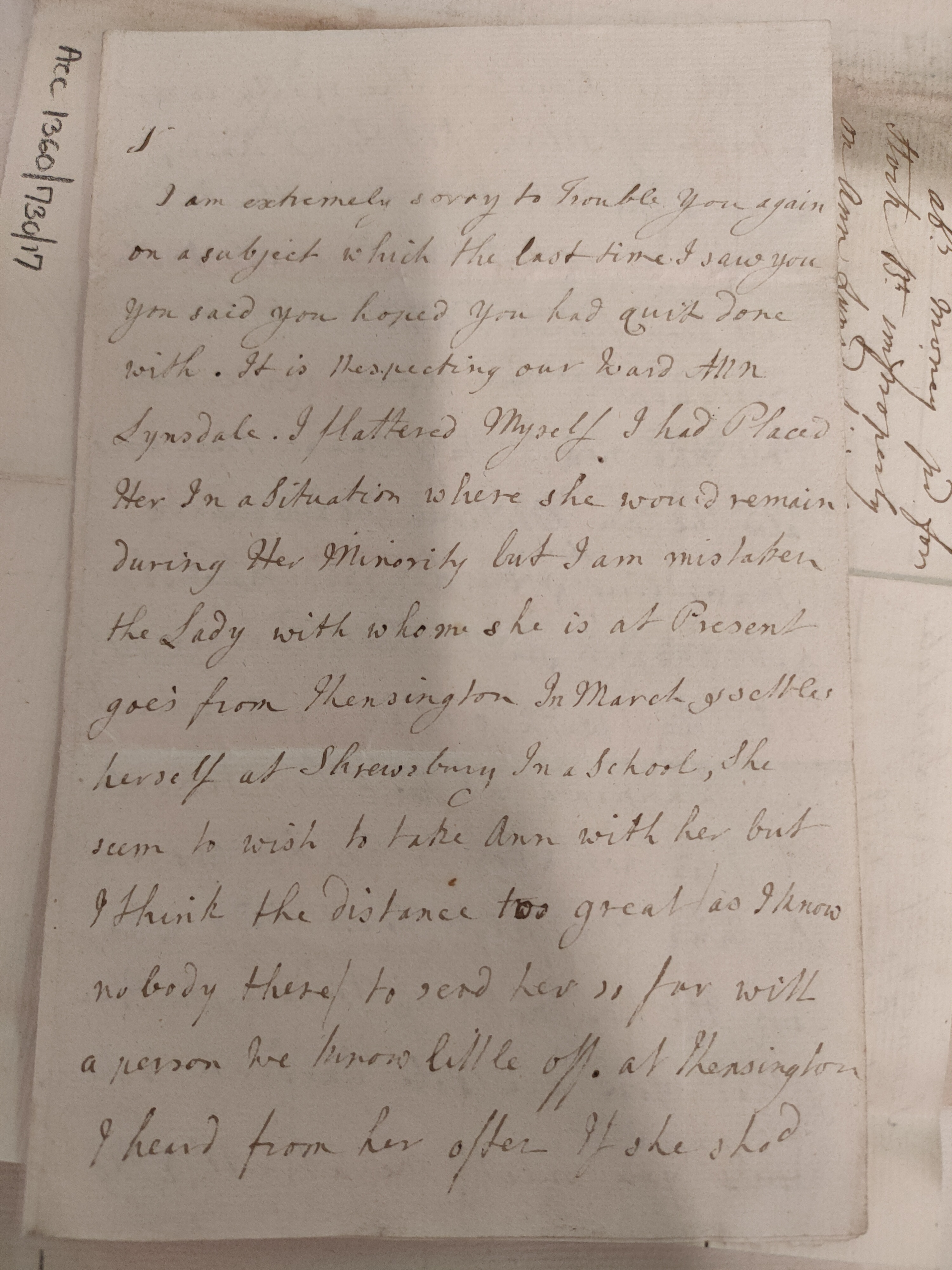 Image #1 of letter: Elizabeth Lister to James Clitherow Esq, c. November 1800