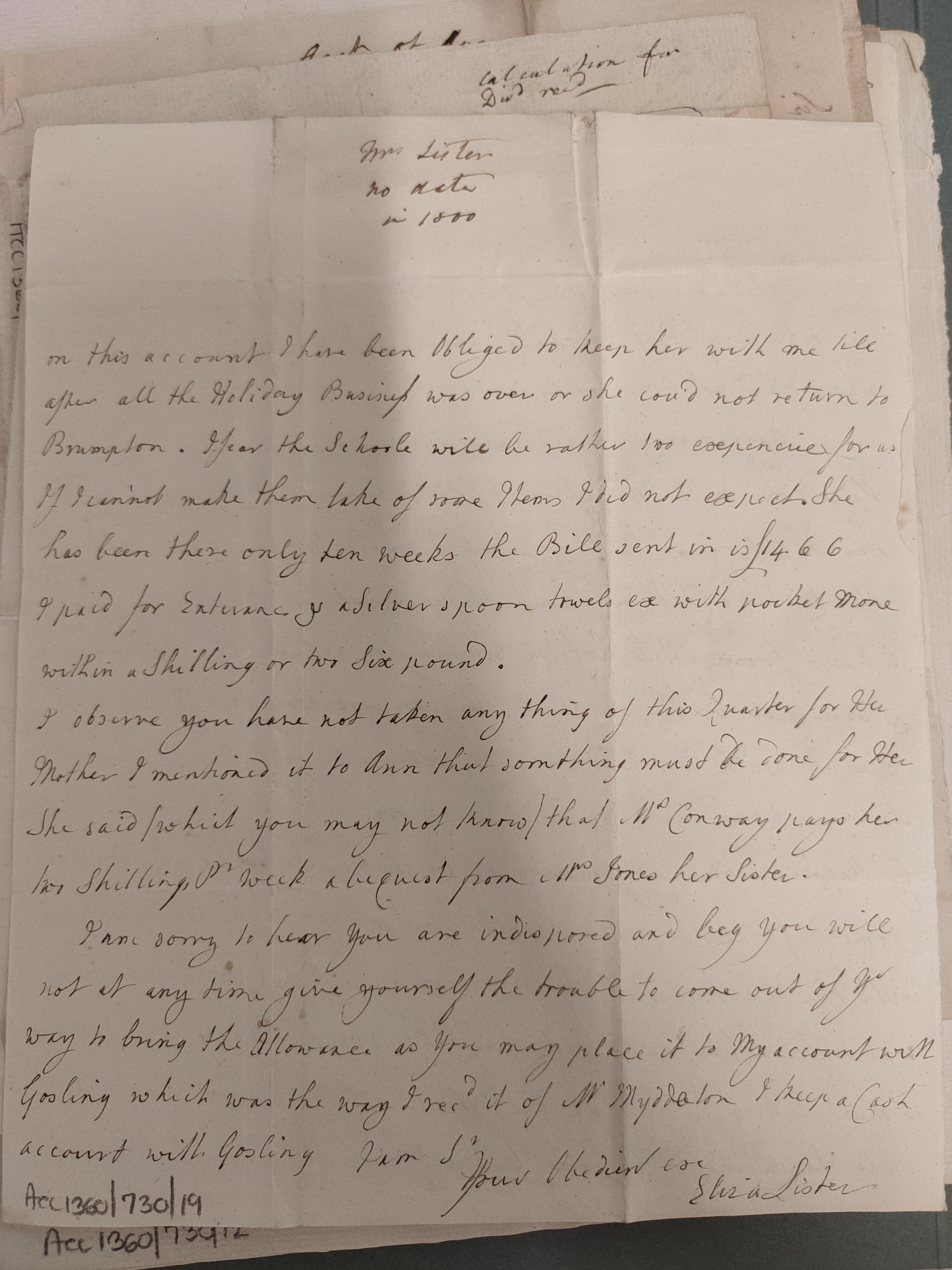 Image #2 of letter: Elizabeth Lister to James Clitherow Esq, Undated, 1800