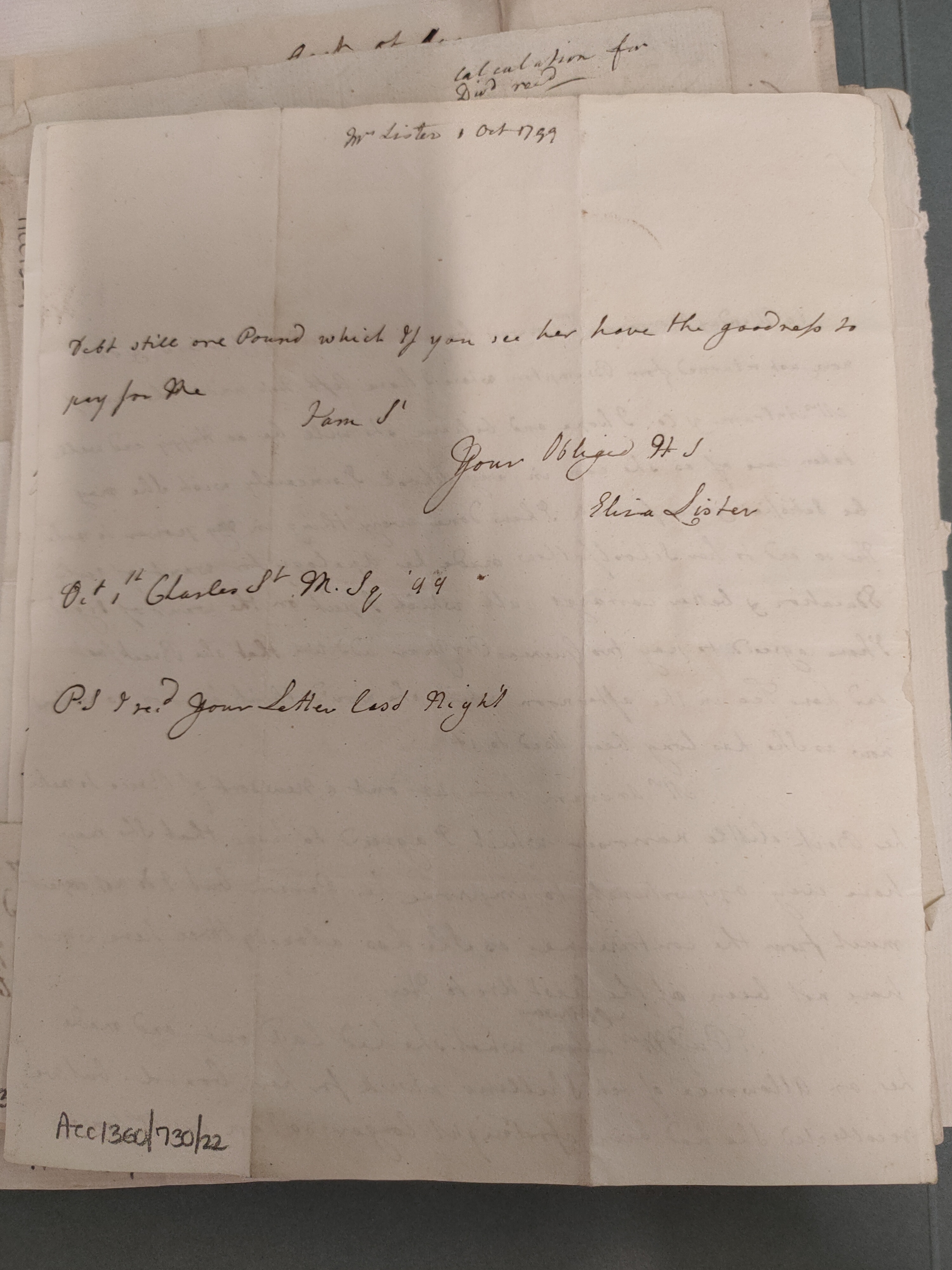 Image #2 of letter: Elizabeth Lister to [?Executors of Dr John Taylour’s will], 1 October 1799