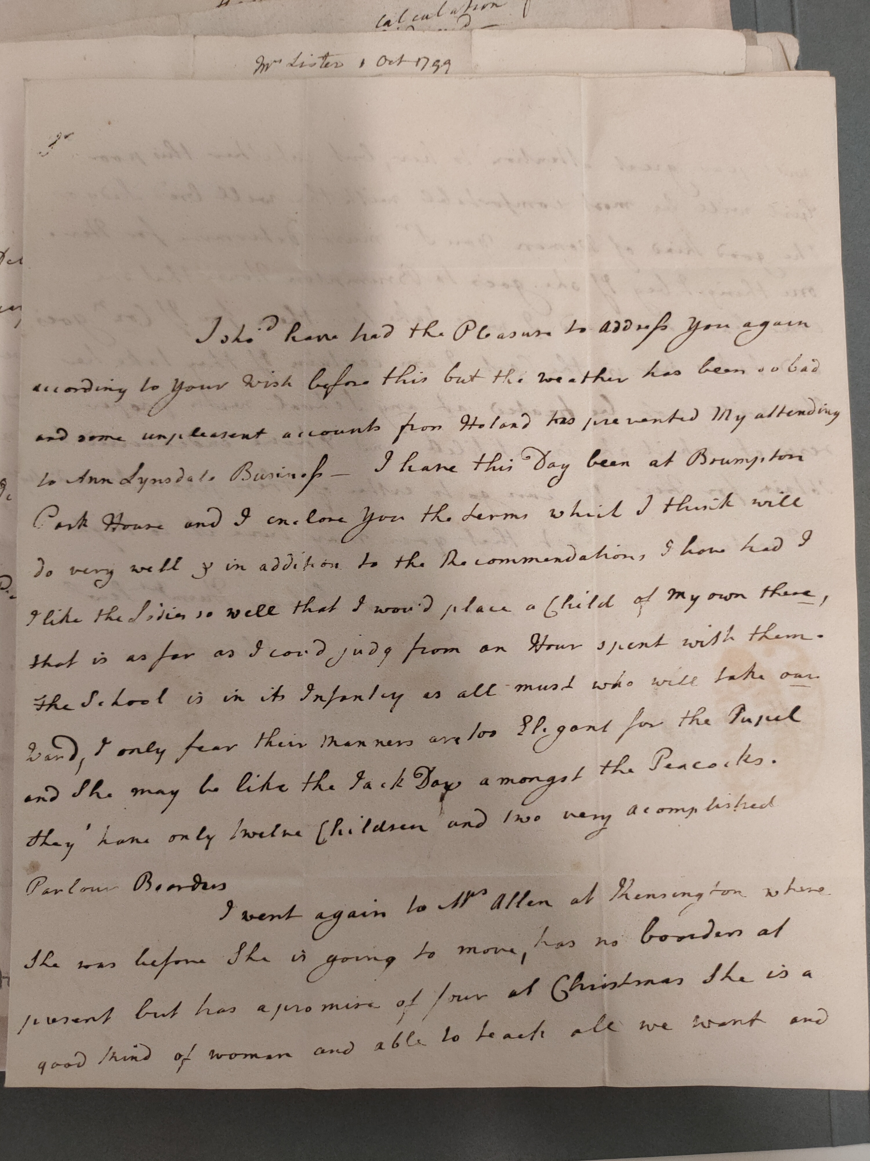 Image #1 of letter: Elizabeth Lister to James Clitherow Esq, 26 September 1799