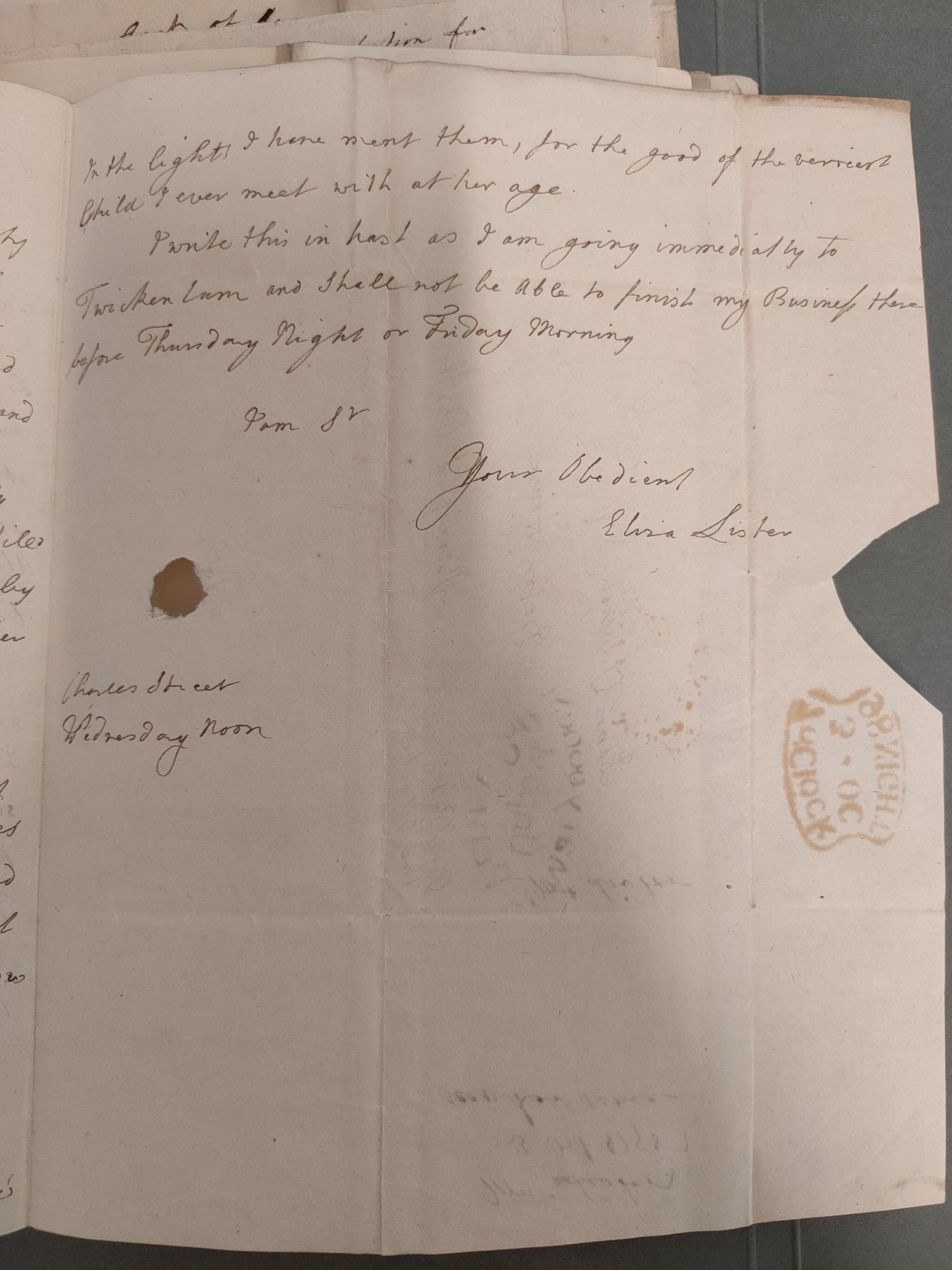 Image #3 of letter: Elizabeth Lister to James Clitherow Esq,  3 October 1798