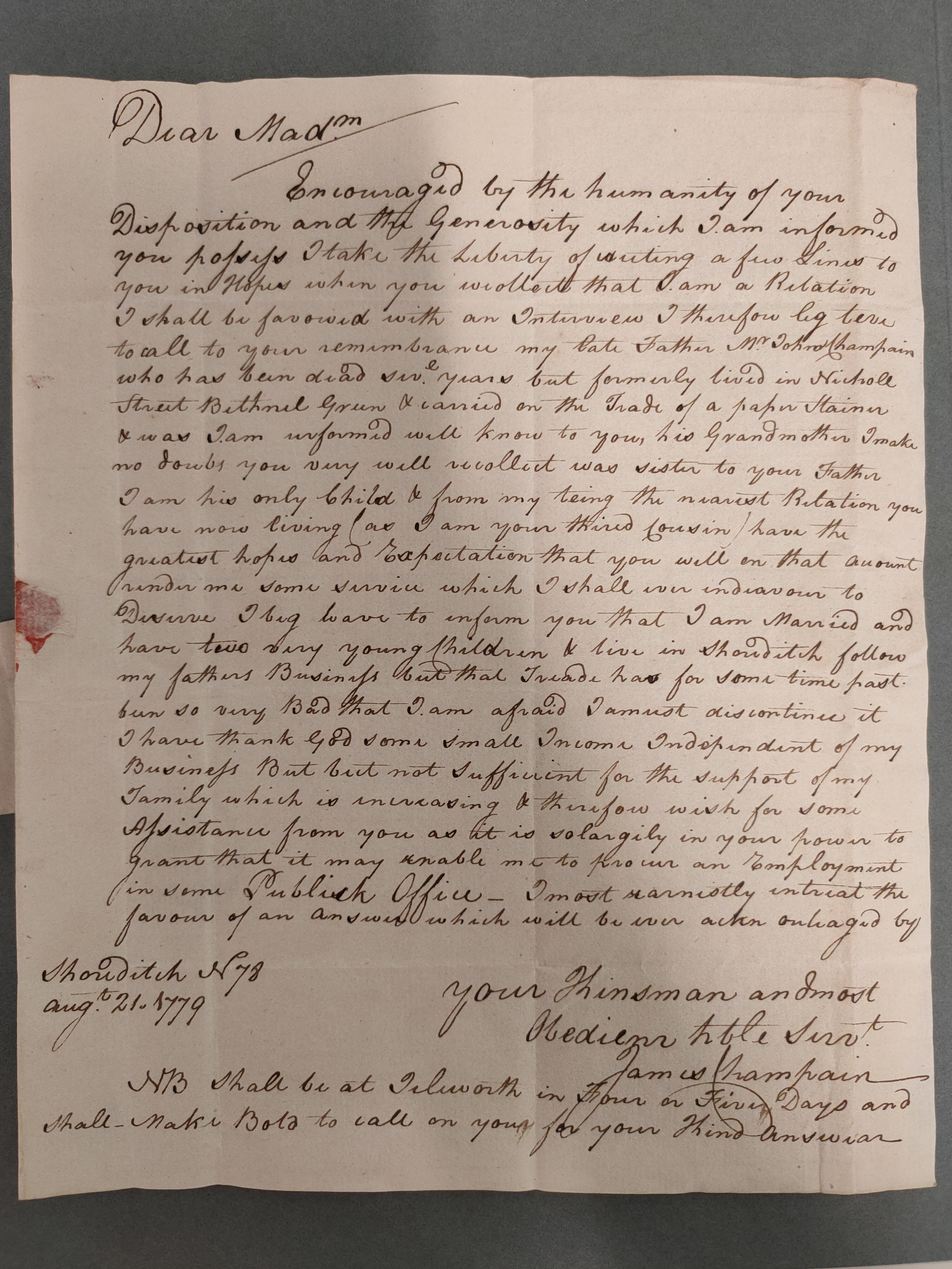 Image #1 of letter: James Champain to Martha Heddin, 21 August 1779