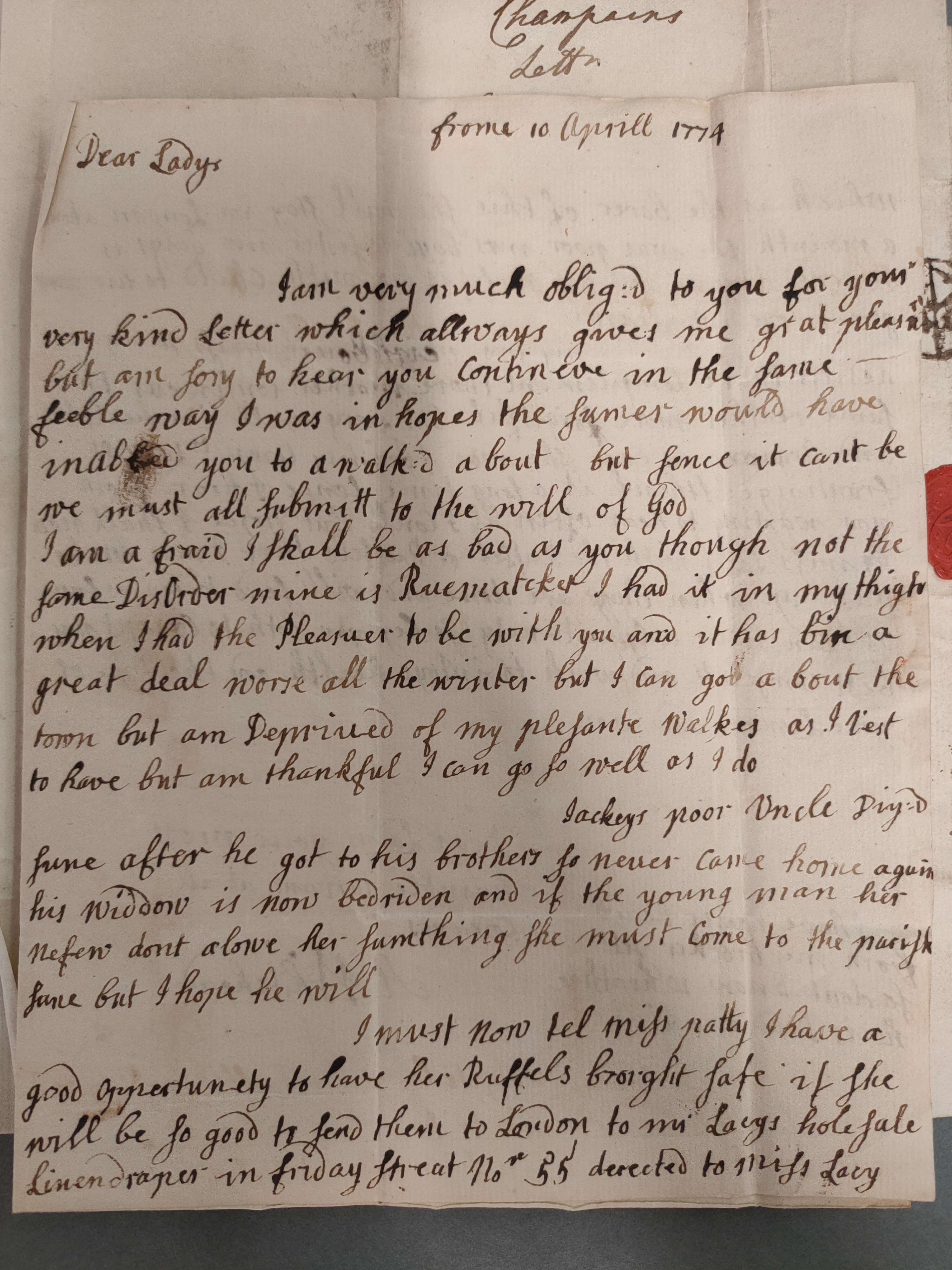 Image #1 of letter: Ann Whitehead to Martha Heddin, 10 April 1774