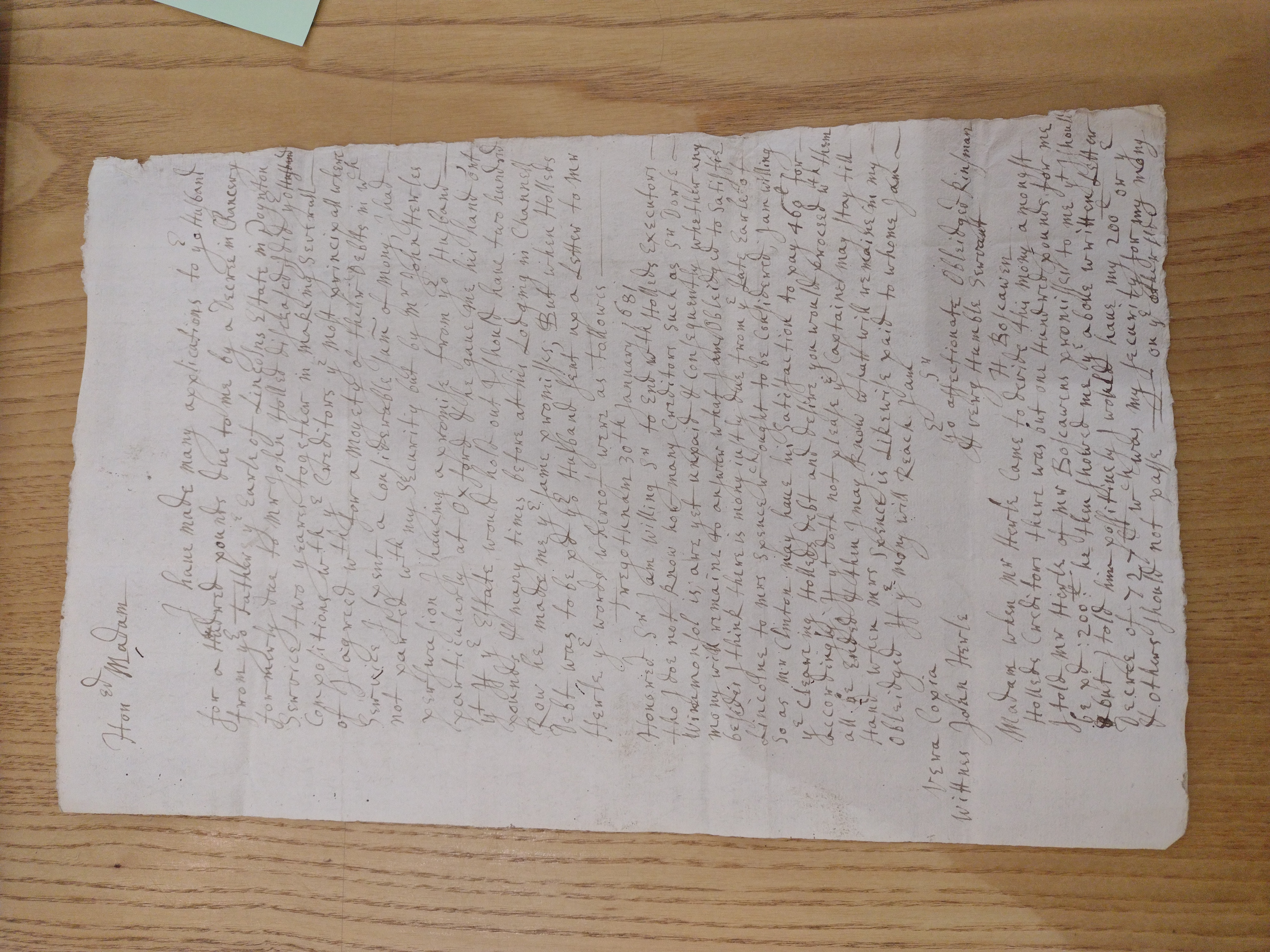 Image #1 of letter: Robert Clinton to Margaret Boscawen, 13 December 1684