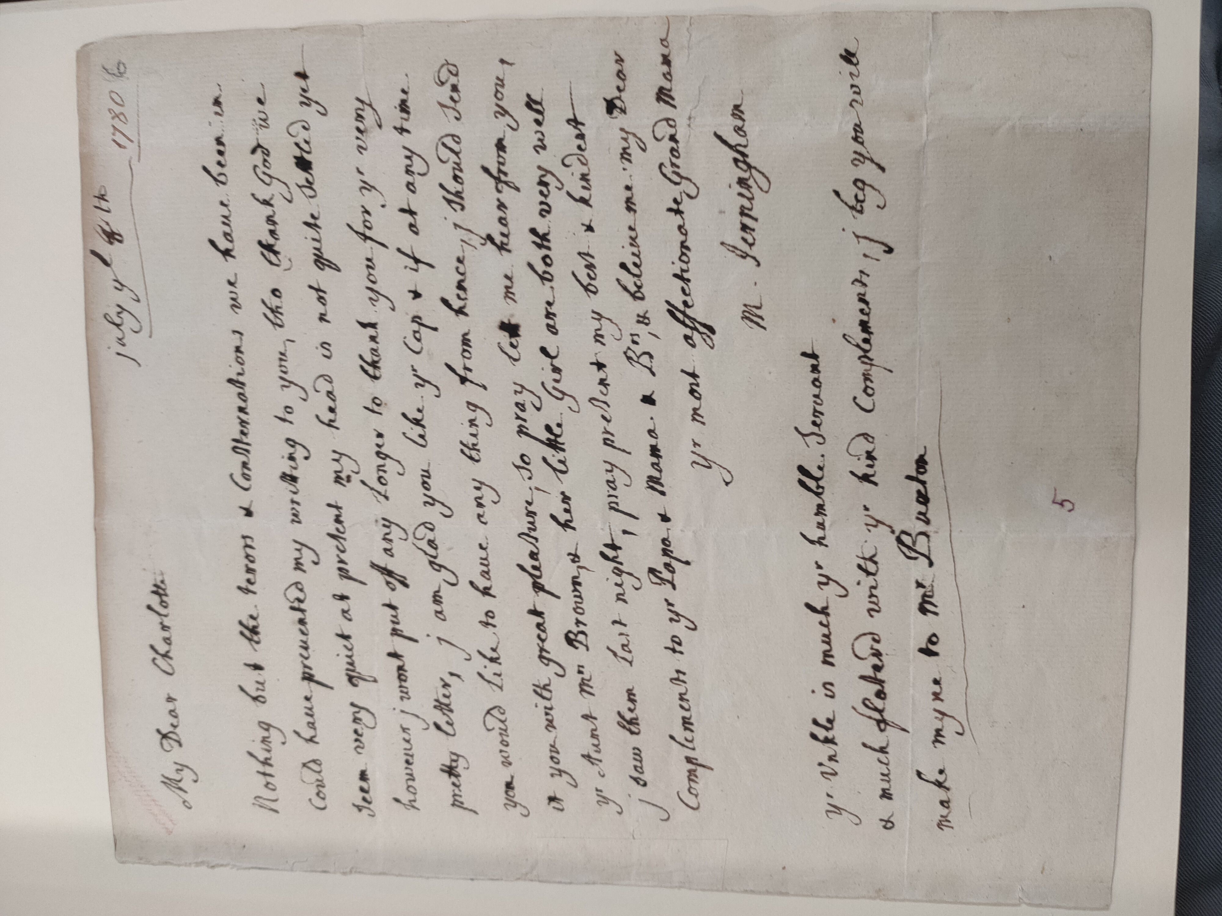 Image #1 of letter: Dowager Lady Mary Jerningham to Charlotte Jerningham, 8 July 1780