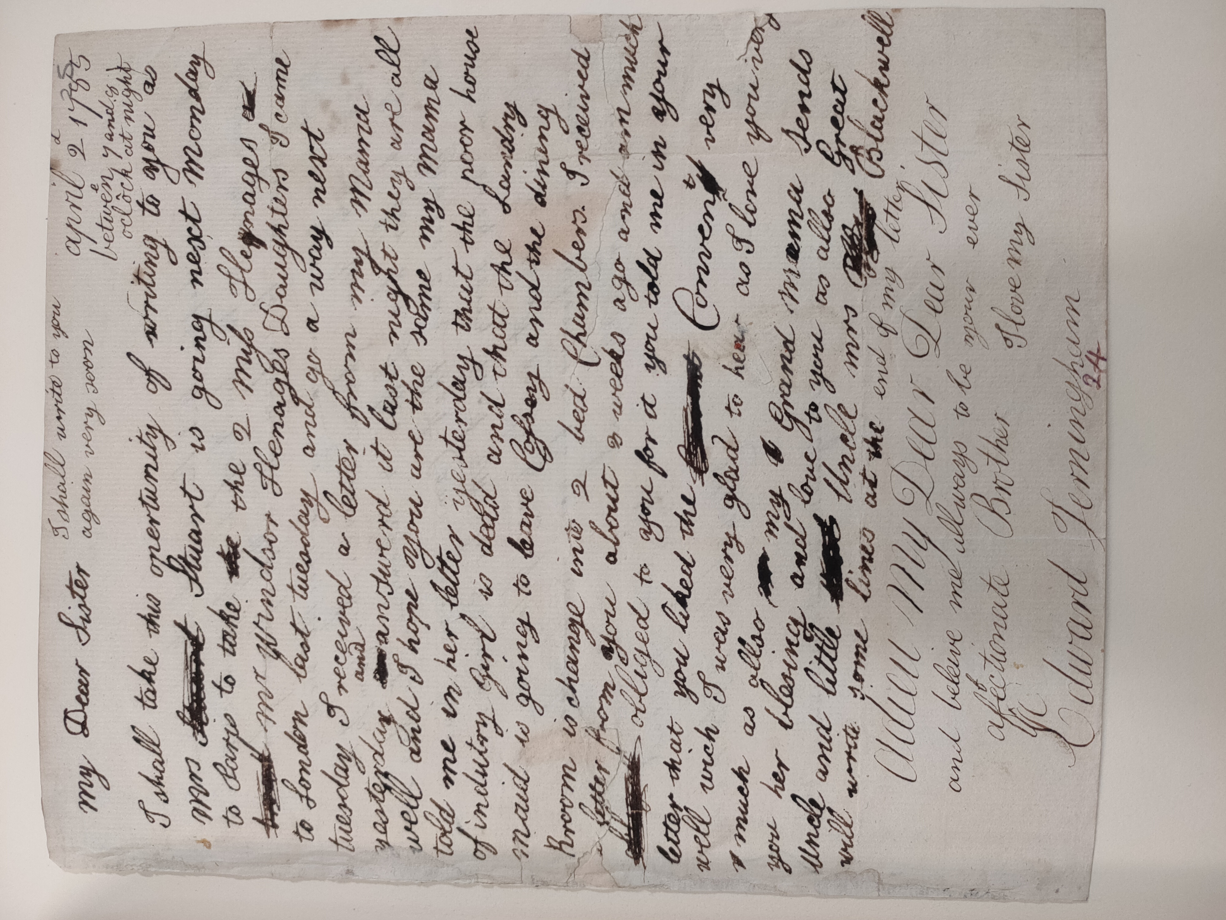 Image #1 of letter: Edward Jerningham (the younger) to Charlotte Jerningham, 2 April 1785